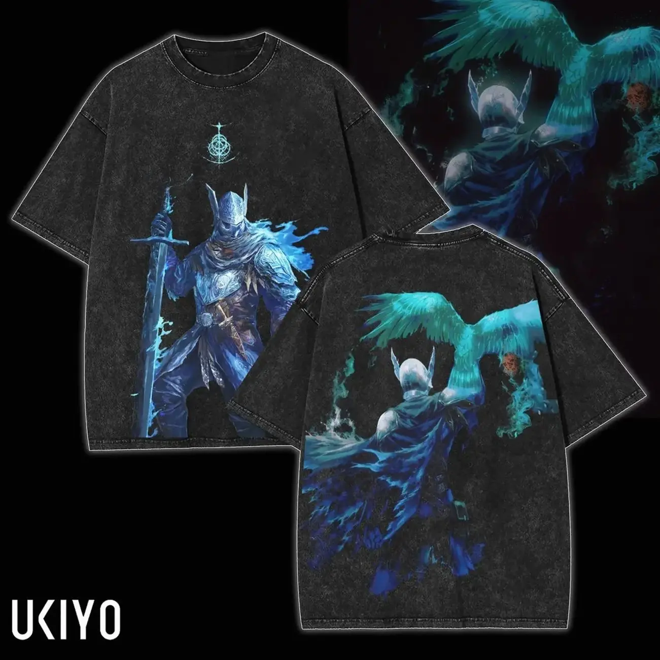Wylder Elden Ring Nightreign Vintage Washed Graphic T-Shirt Double-Sided Oversized Anime Game Knight Raven Blue Flame Unisex Cotton Tee YW2