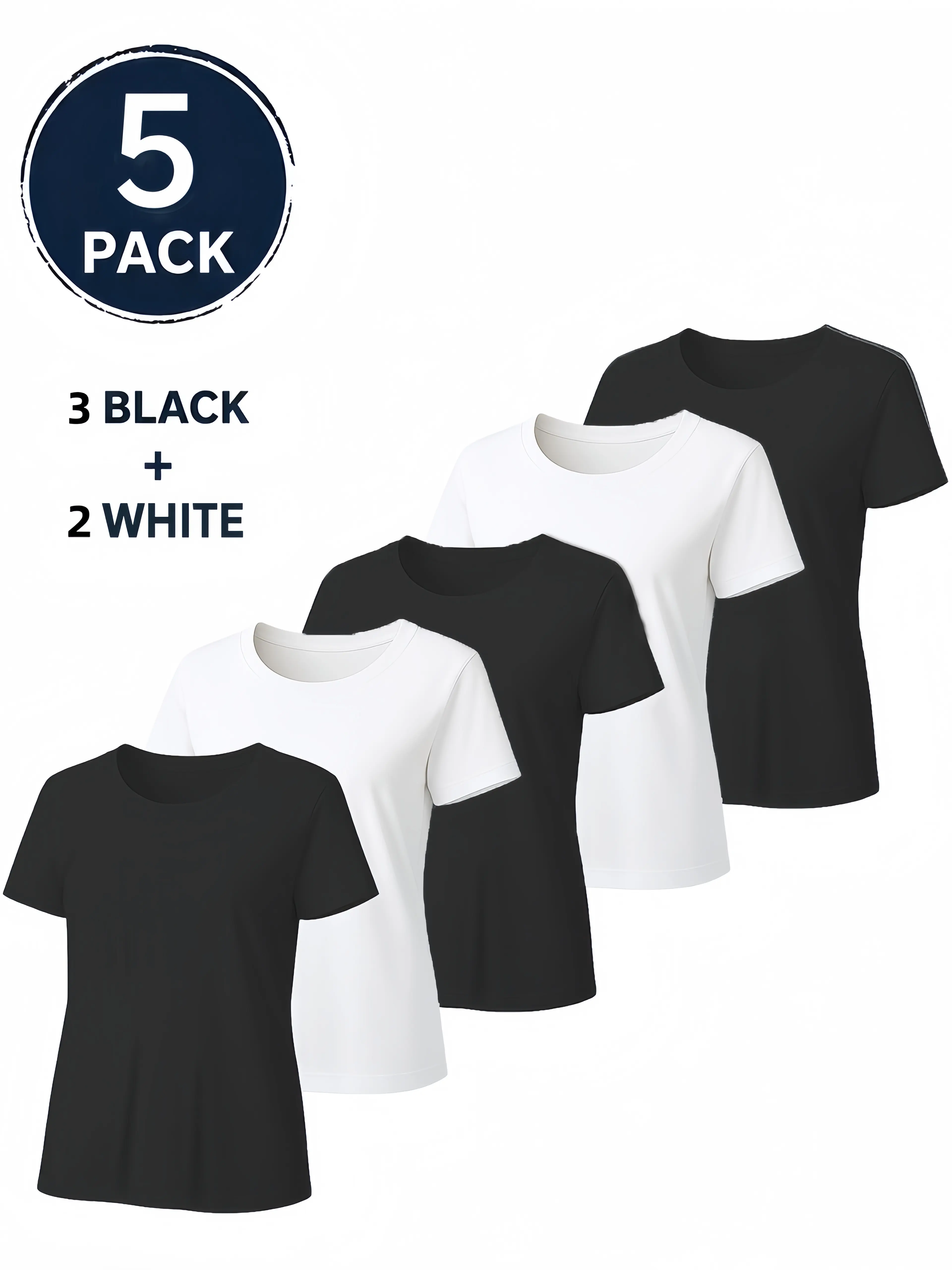 5-Pack Unisex 100% Cotton T-Shirts, Casual Round-Neck Short-Sleeve T-Shirts, Classic Black and White T-Shirt Set, Comfortable, Versatile, and Well-Fitting T-Shirts, Perfect for Fitness, Running, Weight Training, and Everyday Casual Wear