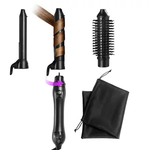 3 in 1 Detangle Rotating Curling Iron with Thermal Brush & 2 Barrel(1"-1.25") Set, Automatic Interchangeable, MCH Fast Heating, Ceramic Coating, BeachWaves, Auto Shut Off, Gift Set
