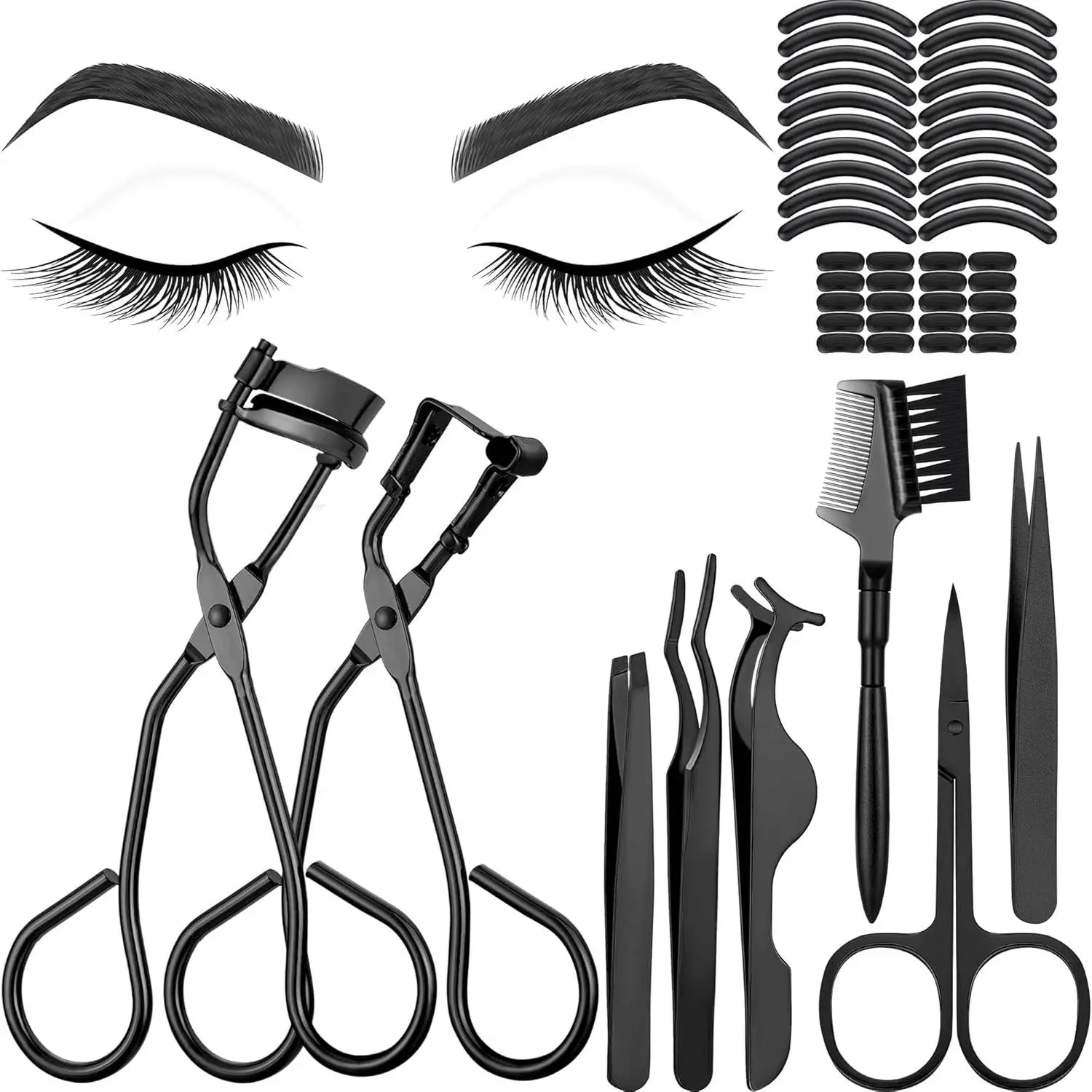 48-Piece Eyelash Curler Set for Long-lasting Curls - Stainless Steel Makeup Tool Kit with Ergonomic Thumb Grip, Mini Curler, Tweezers, Scissors & Refills, Clamp Gently, Lashes, Tool Kit Set, Lash Curling, Silicone, 1Cm Mini Curler, 48 Pieces