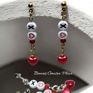 Bonnie's Creative Place Dangling Earrings with Red Heart and Beaded Design