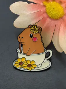 Cute Capybara in Teacup Enamel Pin, Cartoon Capybara with Flower Brooch Animal Lapel Pin for Backpack Jacket Badge, Floral Brooch