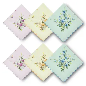 6PCS 11.8" Vintage Floral Print Cotton Handkerchiefs for Women - Crescent-Edged, Lightweight, Assorted Colors & Patterns, Perfect for Weddings, Kitchen Decor, and Fashion Accessories Cute