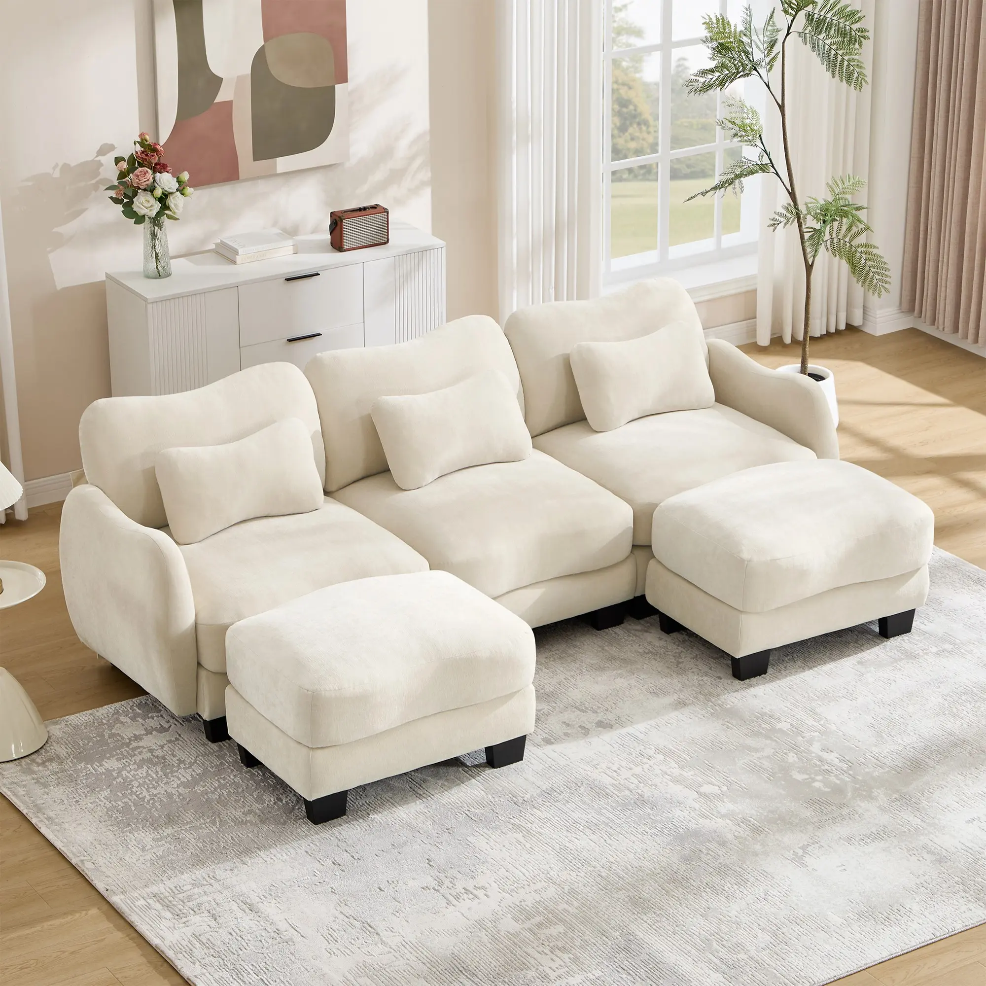 Eyisean 101in Chenille Modular Sectional Sofa - Modern 3-Seater U-Shaped Curved Cloud Couch with Waist Pillow, Ergonomic Upholstered Deep Seat, Ottomans, Easy Assembly for Living Room, Apartment