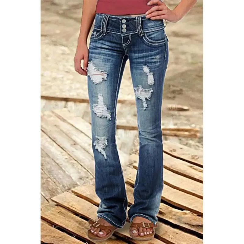 New2025 New Low Waist Vintage Ripped Button Jeans