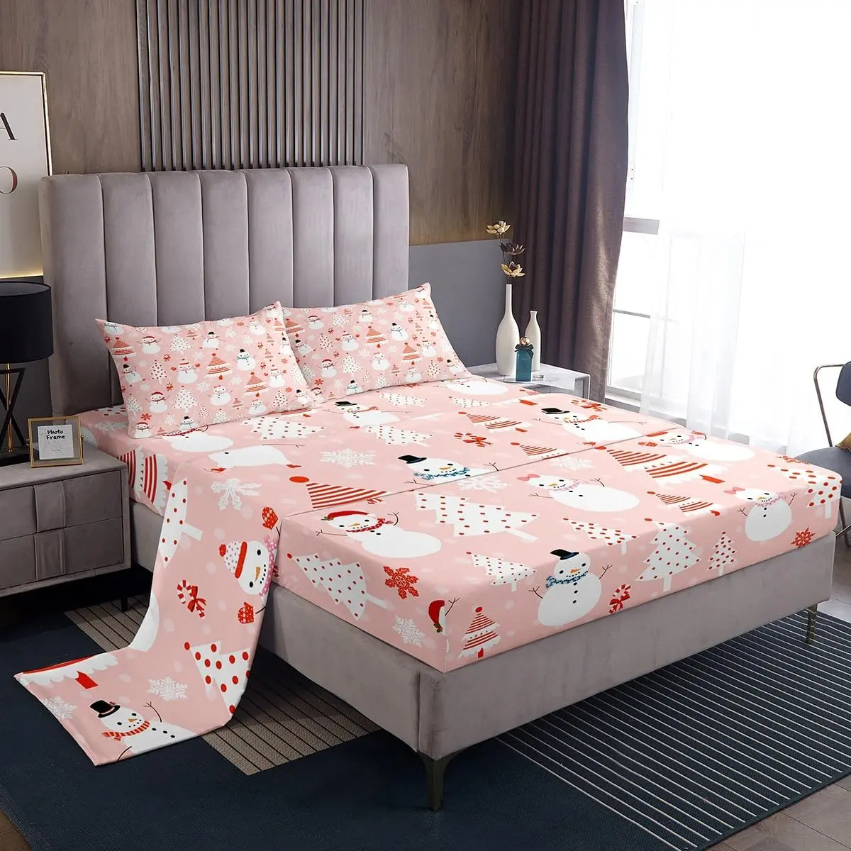 Feelyou Christmas Printed Bedding Set - Super Soft Durable Microfiber Bed Set, Pink Dots Cartoon Snowman Christmas Tree Decor, Deep Pockets Fitted Sheet, Breathable All Seasons, Machine Washable Elegant Room Accent, Ideal Gift