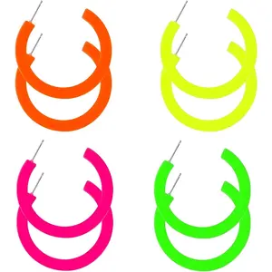 4 Pairs 80S Candy Color Acrylic Neon Round Earrings for Women Retro Colorful Hoop Stud Earrings Pendant for 80S Costume Dancing Party Accessory