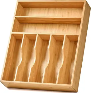 Bamboo Kitchen Drawer Organizer 7 Slot, 13 Inch Utensil Organizer Tray for Silverware, Cutlery Storage Holder for Knives Forks Spoons, Deep Drawer Divider