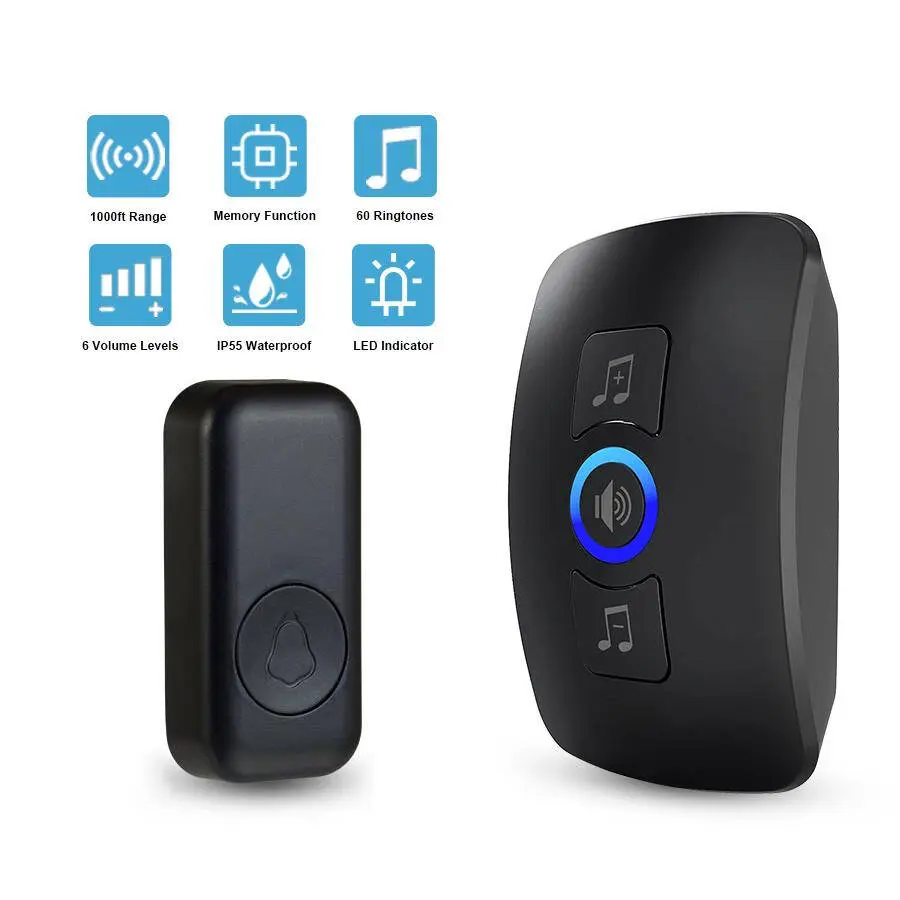 Fuers Wireless Doorbell with 6 Volume Levels, IP55 Waterproof, 60 Songs Optional, AC 100-240V AC Power Supply, CR 2032 Batteries, Long Range, Home Security SOS Alarm for Home & Apartment Use
