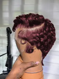 Pixie Cut Lace Front Human Hair Wigs 13X4 Lace Frontal Wigs Short Layered Pixie Cut Curly Wigs With Bangs Curly Human Hair Natural Black Color (Black) Lace Glueless Wig