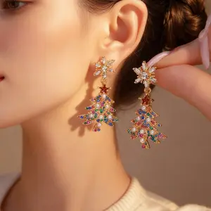 Cute & Chic Trendy Christmas Vibe Rhinestone Synthetic Diamomd  Encrusted Tree Bell Earrings for Girls Teens for Holiday