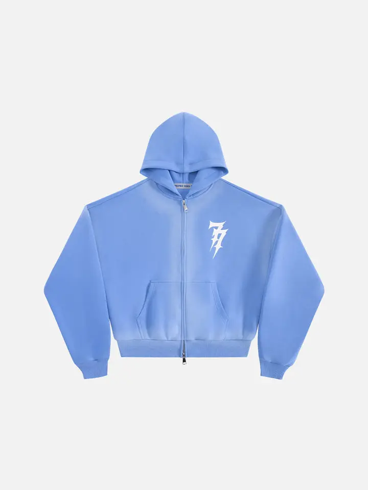 Aelfric Eden Boxy Washed Zip Up Hoodie Gradient Wash Finish Gothic Font Print Lightning Bolt Graphic Relaxed Classic Zip-Up Hoodie Heavyweight Soft Fabric Vintage Streetwear Unisex Top