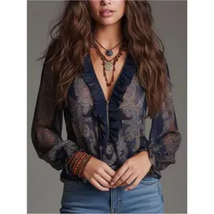 2026Elegant Vintage Resort Style Chiffon Blouse, Full Floral Baroque Paisley Printed Sheer Shirt, Stylish Ruffled Edge Zip Up Lightweight Top, Fashion Casual Apparel Perfect For Daily Leisure Beach Travel Spring Summer Women Outfits