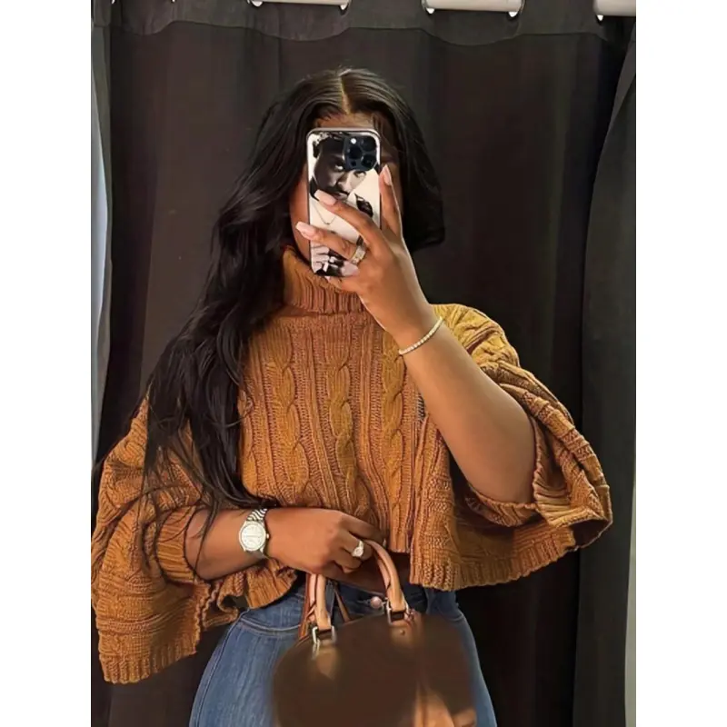 Women's Textured Split Sleeve Turtleneck Cropped Sweater Casual Solid Color High Neck Long Sleeve Jumper Knitwear for Daily Wear Fall Winter Clothing