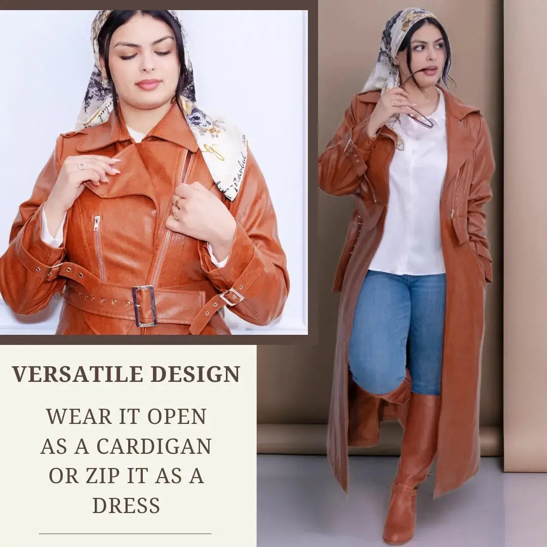Women's Brown Leather Long Jacket – Belted Full-Length Trench Coat