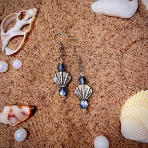 Silver Seashell and Blue/Gray Bead Ocean Mermaid Earrings