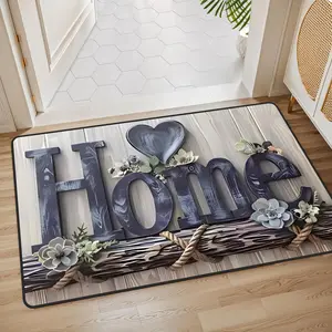Wood Grain & Home Letter Pattern Door Mat,  1 Count Non-slip Floor Mat, Decorative Carpet for Home Living Room Bedroom, Home Decor, Boho Floral Rug