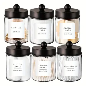 Clear Storage Jar with Labels, 1 Set Cotton Swab Storage Box, Bathroom Canister Storage, Vanity Countertop Makeup Organizer, Home Goods, Home Decor, Storage Bottles