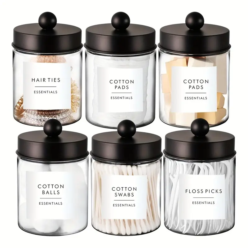 Clear Storage Jar with Labels, Transparent Container, Containers with Lids, 1 Set Cotton Swab Storage Box, Bathroom Canister Storage, Vanity Countertop Makeup Organizer, Home Goods, Home Decor, Storage Bottles