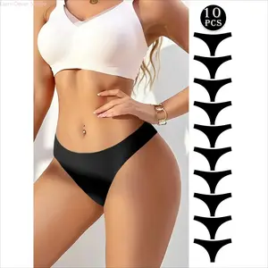 Women's Solid Black Seamless Thong Panties - Stretchy, Soft, Breathable Elastic Women's Clothes for Minimalist Everyday Wear, No-Show Invisible Sports Bottoms