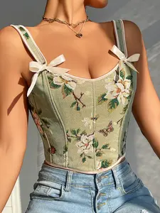 Butterfly Floral Corset Tops Women Bow Ribbon Strap Tank Top Boned Spring Summer Tops Going Out Garden Party Brunch Date Cute Vintage Cottagecore Romantic Green Sage