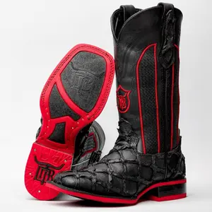 Matte Black Pirarucu Leather Boots - Square Toe Matte Black Pirarucu Leather Boots - Square Toe