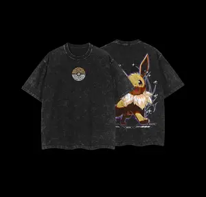 Pocket Monsters "Eevee" Vintage Unisex Oversize Anime Manga Acid Washed Heavyweight Cotton T-shirt for Fans