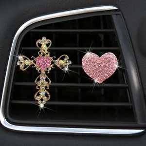New Rhinestone Heart Car Air Vent Perfume Clip Gold Rhinestone Cross Interior Air Conditioner Decoration freshener cent