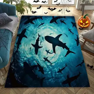 Halloween Shark Contour Non-Slip Mat, Polyester Fiber Washable Indoor Rug, Perfect for Bedroom Living Room Garden Yard Decor Gift