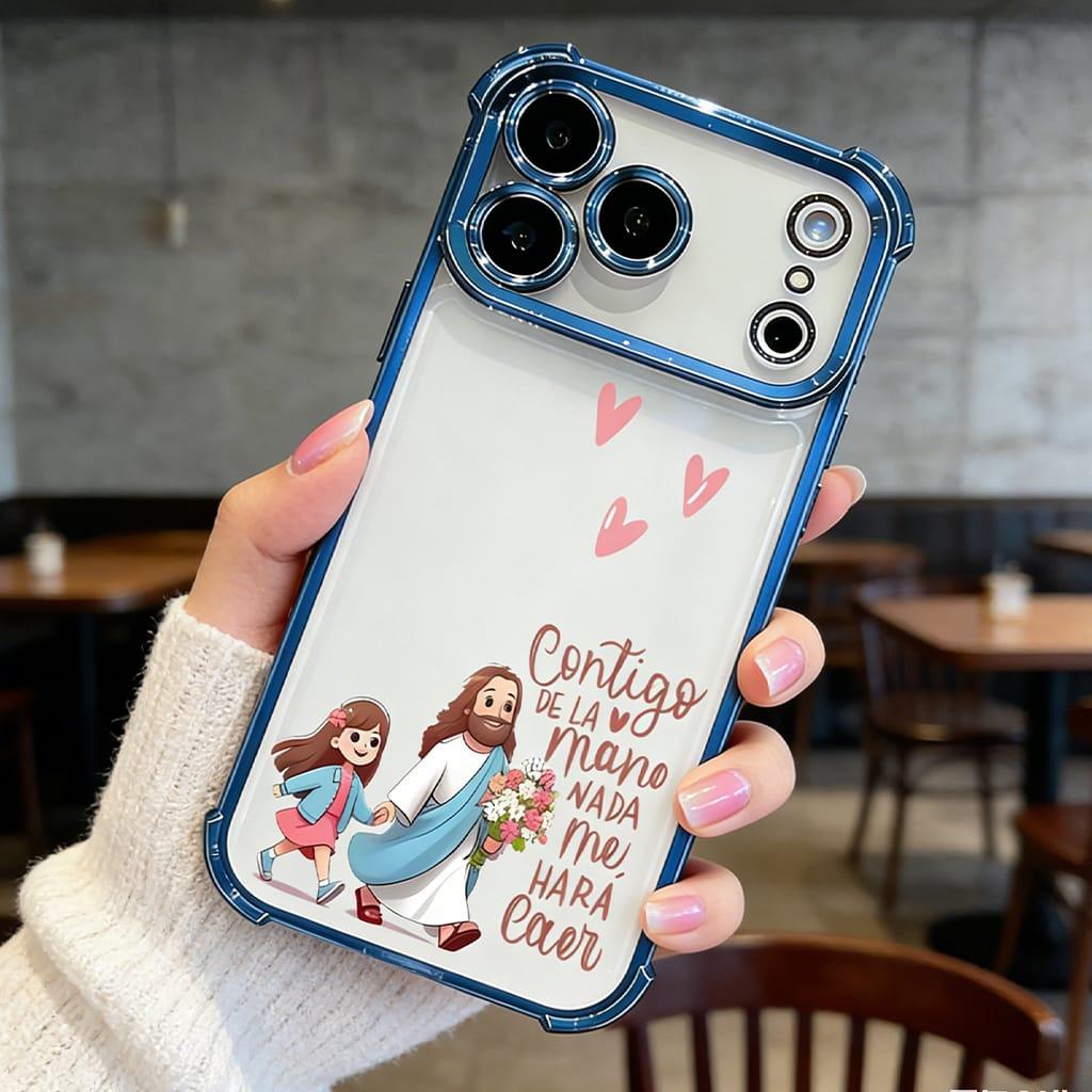 Contigo De La Mano Nada Me Hará Caer Jesus & Girl Phone Case for iPhone 11 12 13 14 15 16 17 Pro Max Plus Air, Christian Faith Rose Gold Clear Shockproof Cover, Religious Gift for Women Girls DDSJ260404012