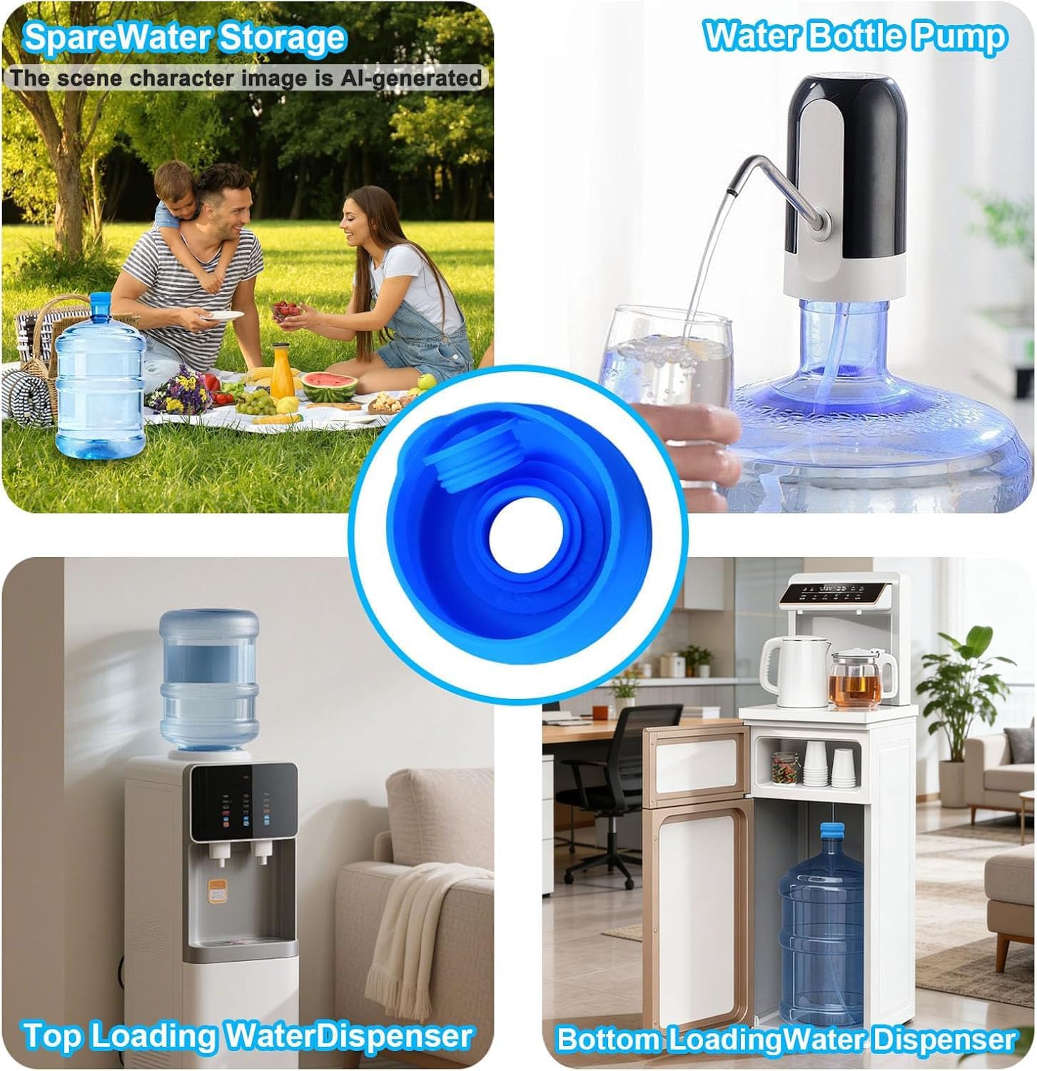 3 & 5 Gallon Water Jug Caps, Non-Spill Leak Free Silicone Covers for Indoor & Outdoor Use, BPA Free Food Grade