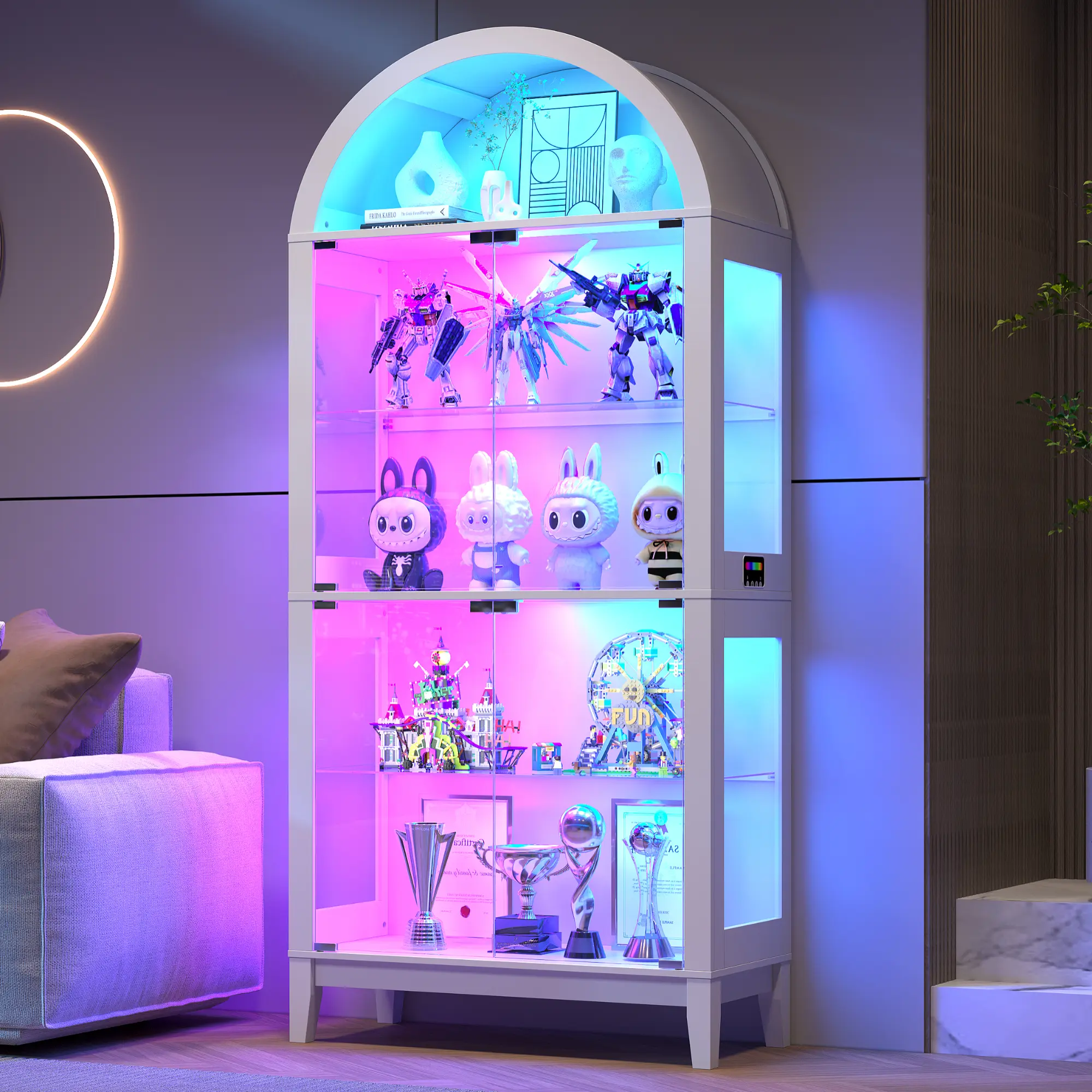 Dystler Arched Display Cabinet with RGB Light, 5-Tier Curio Cabinet with Glass Doors & Shelves, Human Sensor Storage for Collectibles/Books, Modern Home Furniture
