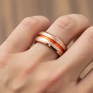 Orange Tungsten Wedding Ring, Orange Anniversary Ring, Engagement Ring, Unique Rose Gold Tungsten Ring, Engagement Band, Ring For Husband, Couple Ring