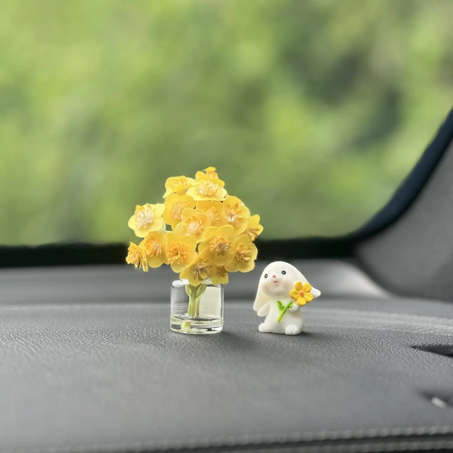 Set of 2 Cute Mini Bunny and Cherry Blossom Car Rear View Mirror Ornament Dashboard Decor, Rabbit Gifts for Women Funny Home Office Decorations