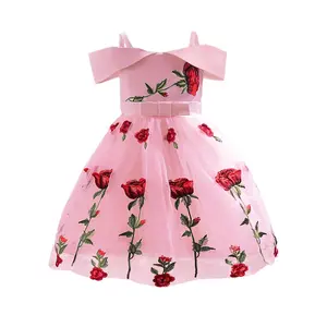 Off-Shoulder Princess Dress with Floral Embroidery and Bowknot Mesh Dress for Performances, Weddings, Flower Girls, Evening Wear, Birthday Parties, and Children's Clothing