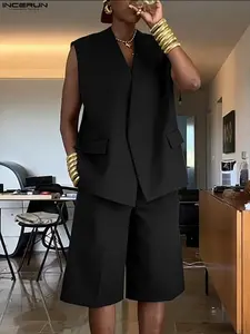 INCERUN Men's Fashion Simple Two-Piece Set Sleeveless Shirt Shorts Suit, Casual Summer, Stylish and Comfortable, Perfect for Daily Wear