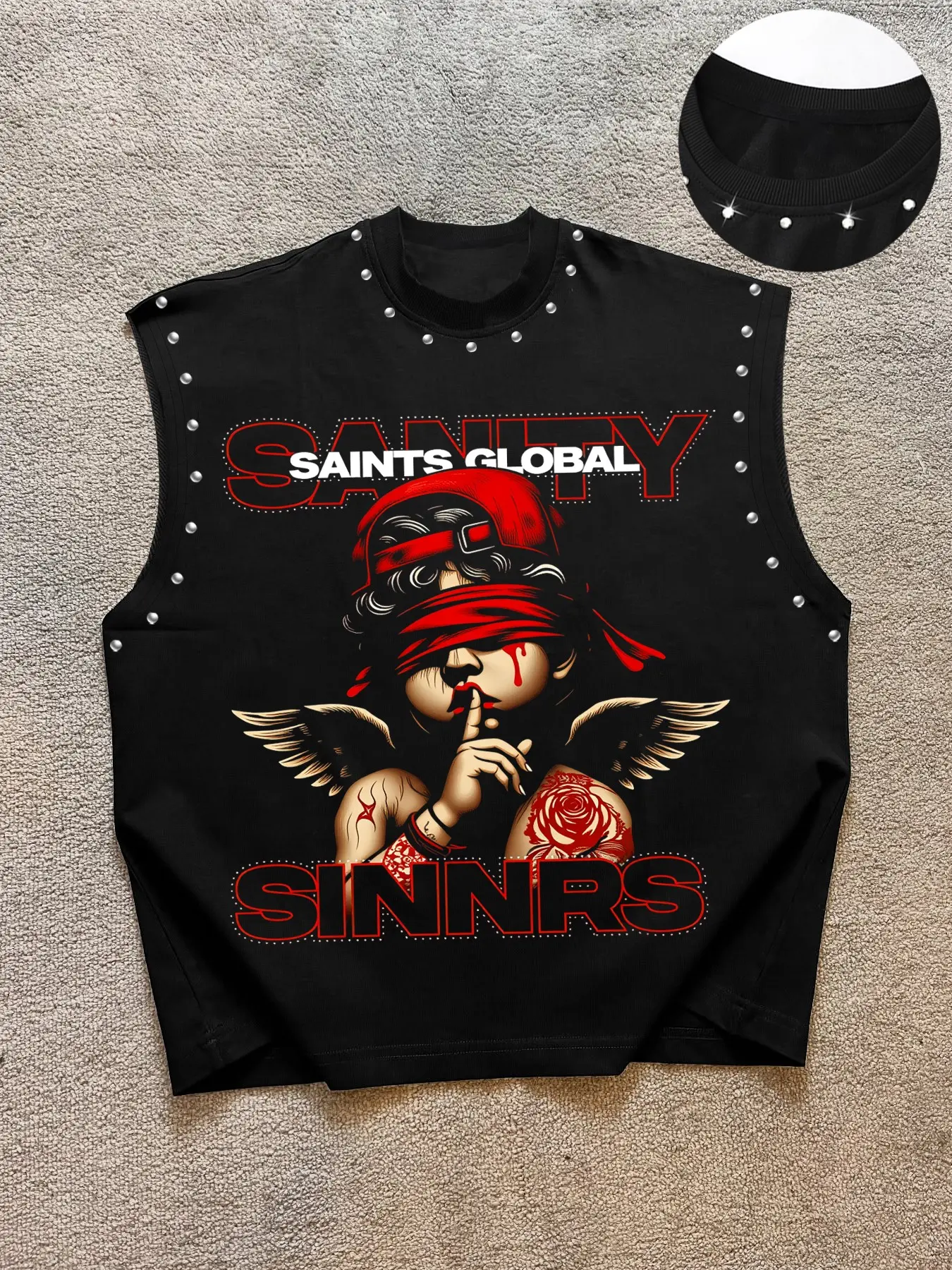 Men's Casual Sleeveless Vest, Angel with Rose Tattoo Graphic Print, Comfortable Fabric, Streetwear, Ideal for Livehouse Party