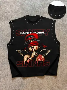 Men's Casual Sleeveless Vest, Full Print Graphic Angel Core, Rose Tattoo Details, Comfortable Fabric, Streetwear, Livehouse Party