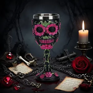 Halloween Skull Rose Goblet - Gothic Stainless Steel Resin Wine Glass Drinkware Spooky with Premium Quality Resin Exterior & Stainless Steel Liner for Wine Cocktails Whiskey or Bar Décor