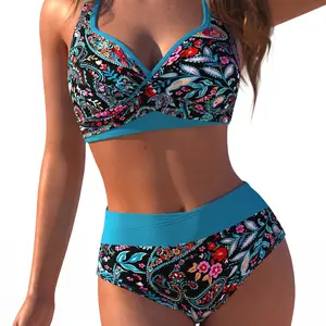 Women's High Waisted Bikini Set, Cross Wrap Halter Two Piece Swimsuit, Padded Wireless Swimwear with Tummy Coverage, Polyester Blend Bathing Suit for Beach, Pool, Cruise, Vacation