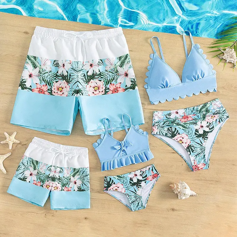 Family Matching Floral Print Swimsuits - Women's Bikini Tops+Bottoms Pack, Men's & Boy's Trunks, Polyester Swimming Wear Clothes, Girl, Mommy, Son