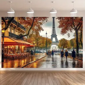 1PC 2D Flat Polyester Backdrop Banner, French Romantic Eiffel Tower Street Scene Design, Reusable for Birthday Events, Indoor Shooting Live Background Cloth