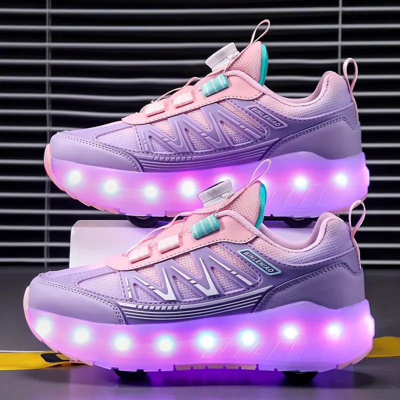Girls' Low Top Light Up Roller Skate Shoes - 1 Pair, Cute Geometric Pink & Purple, 8-Wheel 16 Flash Modes, Breathable Lightweight EVA Sole, 36V Lithium Polymer Battery, Rotary Buckle, All Seasons, Hiking/Light Outdoor Use, 14 & Under (Avoid Sun Exposure)