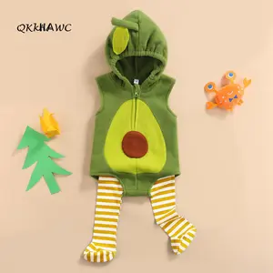 Babies Casual Two-piece Clothes Set, Green Avocado-shaped Sleeveless Romper and Stockings