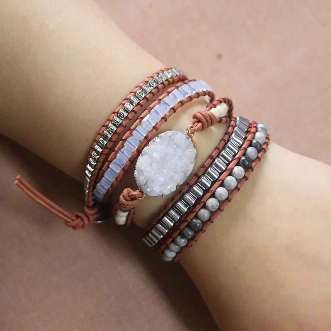 Bracelets Unique Mixed Natural Stones Gilded Drusy Charm 5 Strands Wrap Bracelets Handmade Druzy Jewelry