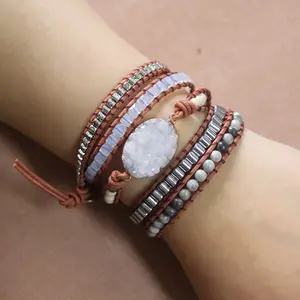 Bracelets Unique Mixed Natural Stones Gilded Drusy Charm 5 Strands Wrap Bracelets Handmade Druzy Jewelry