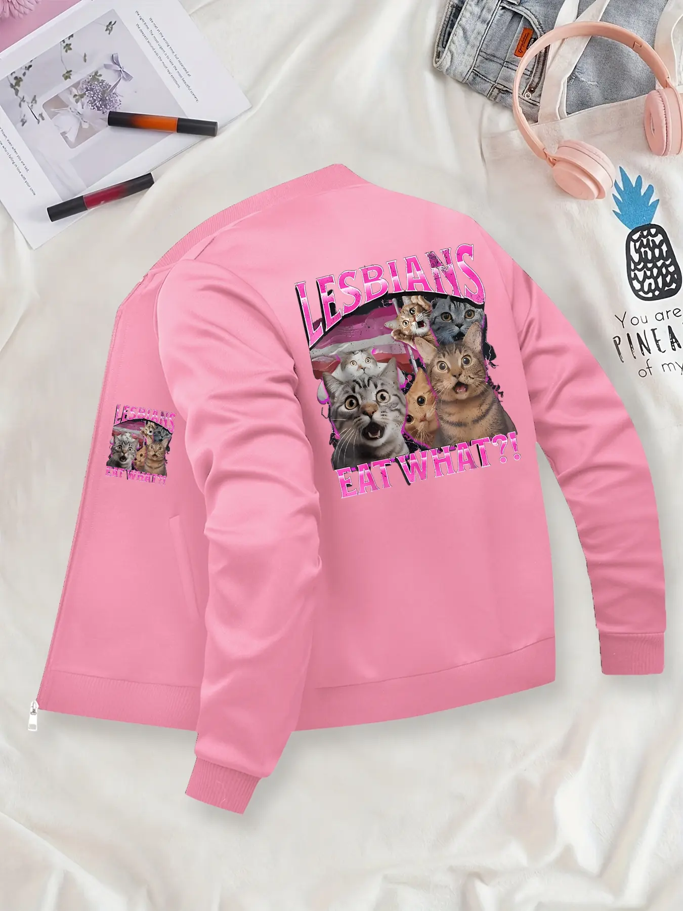Cat Pattern & Funny Text Jacket, Affordable Jacket for Budget-Conscious Shoppers, Stylish Low-Price Jacket