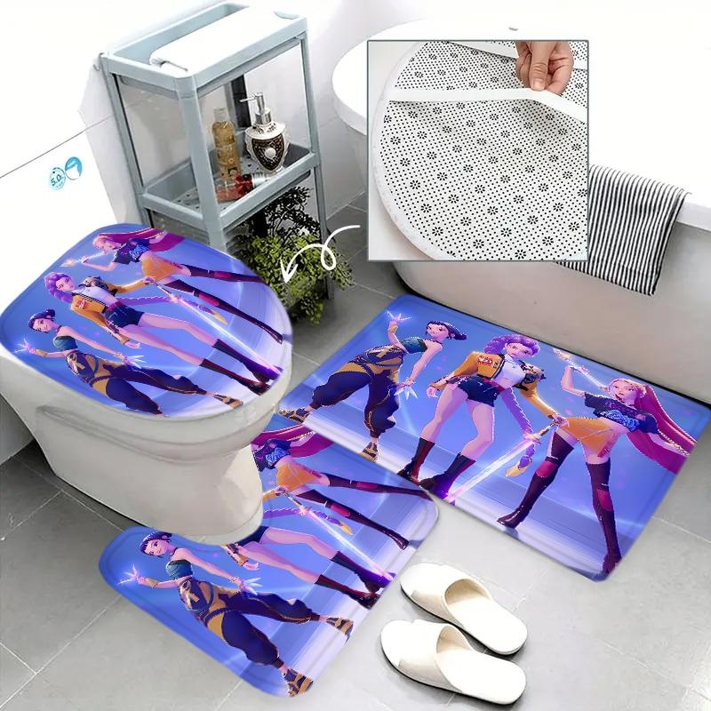 Creative Cartoon Kpop Demon Hunter Shower Curtain Set, 4-Piece Bathroom Accessories, Includes Toilet Seat Cover and Mat, Holiday Home Decor Gift, Bathroom Decoration Accessories