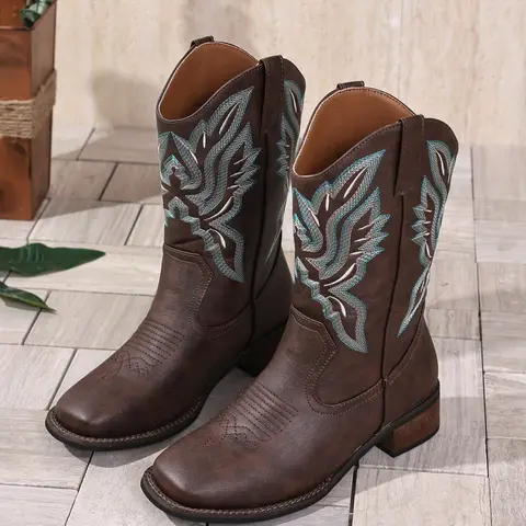 Women's Coffee Embroidered Square Toe Cowboy Boots, Embellished Cowgirl Boots, Mid-Calf Western Boot, Slip-On, Thick Heel, Ethnic Style, Winter Footwear, PU Leather Boots