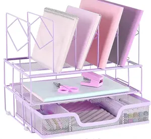 Gold Five-Tier Office Organizer with Drawer & 2 Letter Trays Purple Desk Accessories for Office Supplies & Workspace Organization